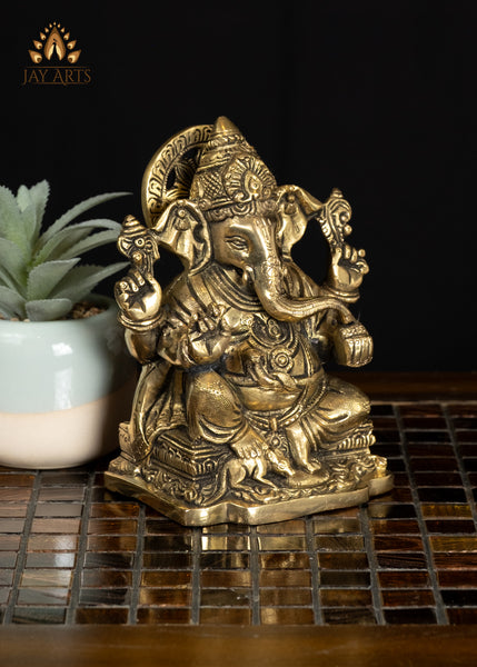 6" Small Ganesha Brass Statue For Altar & Worship