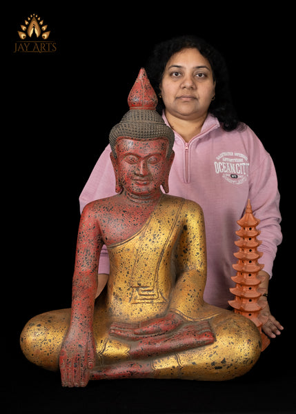 27" Hand-Carved Wood Buddha in Earth Touching Mudra from Cambodia Rustic Red & Gold Finish