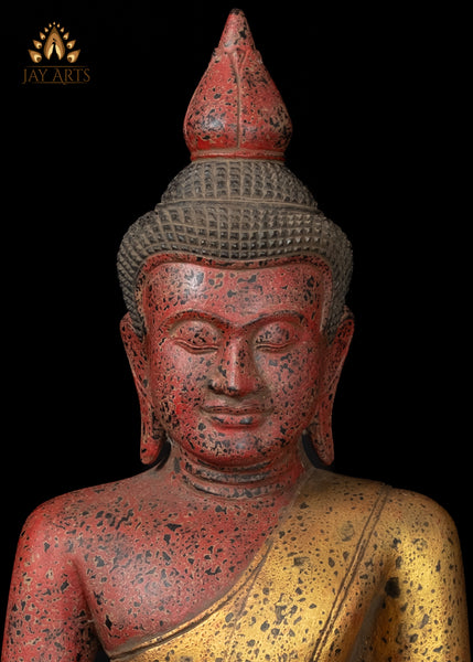 27" Hand-Carved Wood Buddha in Earth Touching Mudra from Cambodia Rustic Red & Gold Finish