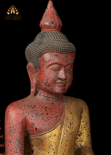 27" Hand-Carved Wood Buddha in Earth Touching Mudra from Cambodia Rustic Red & Gold Finish