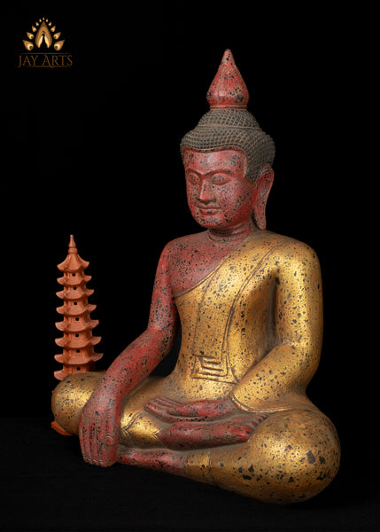 27" Hand-Carved Wood Buddha in Earth Touching Mudra from Cambodia Rustic Red & Gold Finish