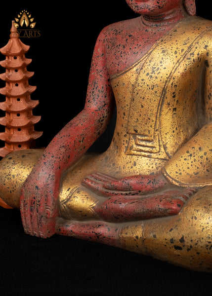 27" Hand-Carved Wood Buddha in Earth Touching Mudra from Cambodia Rustic Red & Gold Finish