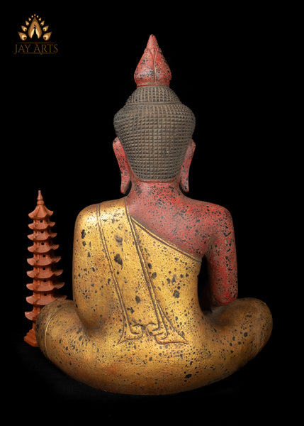 27" Hand-Carved Wood Buddha in Earth Touching Mudra from Cambodia Rustic Red & Gold Finish