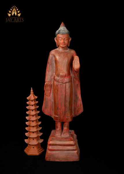 28" Cambodian Standing Wood Buddha in Abhaya and Varada Mudra - Elegant Clay Red Finish