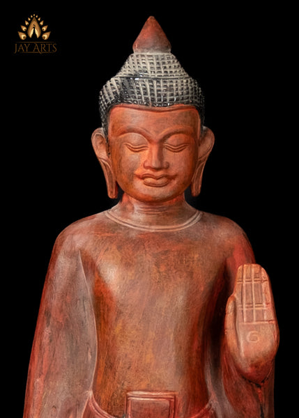 28" Cambodian Standing Wood Buddha in Abhaya and Varada Mudra - Elegant Clay Red Finish