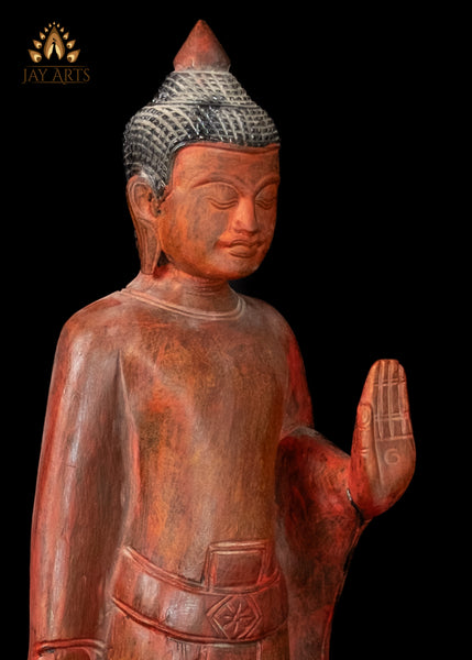 28" Cambodian Standing Wood Buddha in Abhaya and Varada Mudra - Elegant Clay Red Finish
