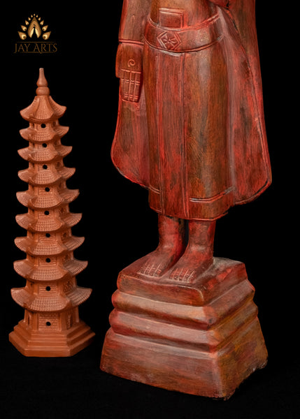 28" Cambodian Standing Wood Buddha in Abhaya and Varada Mudra - Elegant Clay Red Finish