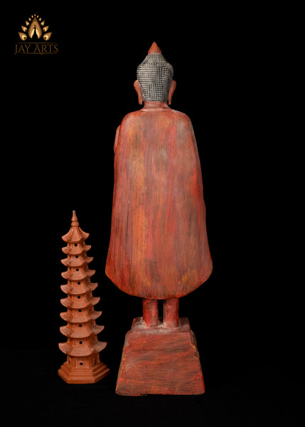 28" Cambodian Standing Wood Buddha in Abhaya and Varada Mudra - Elegant Clay Red Finish