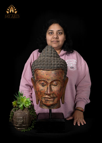 23" Cambodian Wood Buddha Head on Wooden Base - Tranquil Home Accent