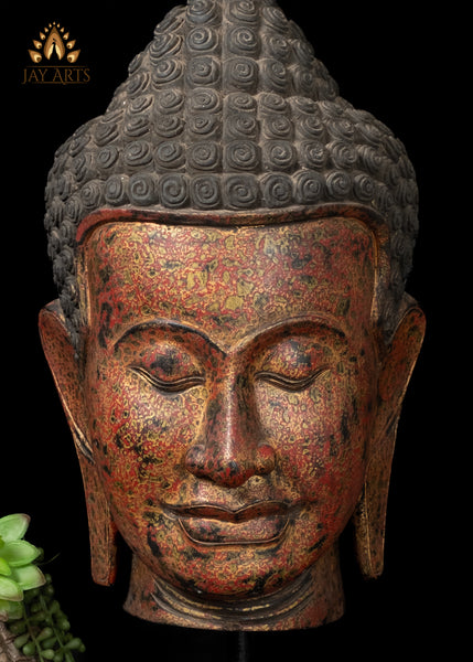 23" Cambodian Wood Buddha Head on Wooden Base - Tranquil Home Accent
