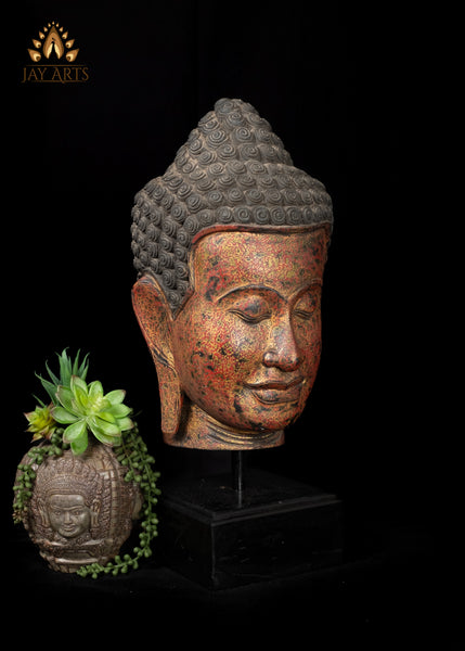 23" Cambodian Wood Buddha Head on Wooden Base - Tranquil Home Accent