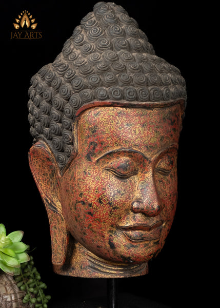 23" Cambodian Wood Buddha Head on Wooden Base - Tranquil Home Accent