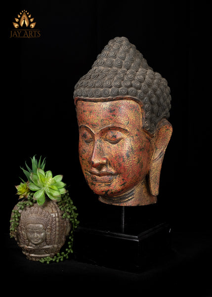 23" Cambodian Wood Buddha Head on Wooden Base - Tranquil Home Accent