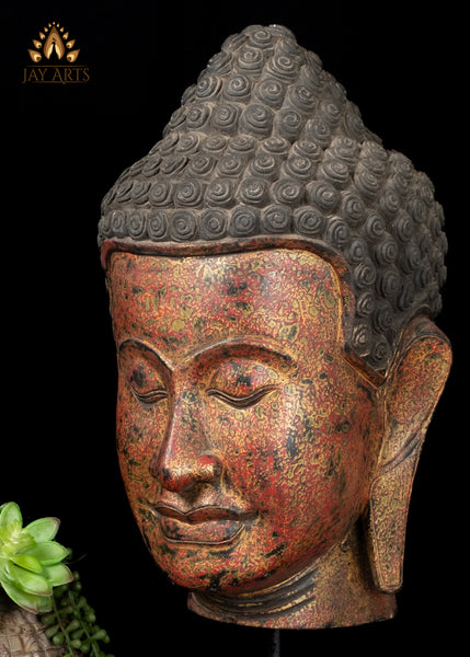 23" Cambodian Wood Buddha Head on Wooden Base - Tranquil Home Accent