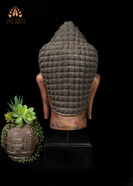 23" Cambodian Wood Buddha Head on Wooden Base - Tranquil Home Accent