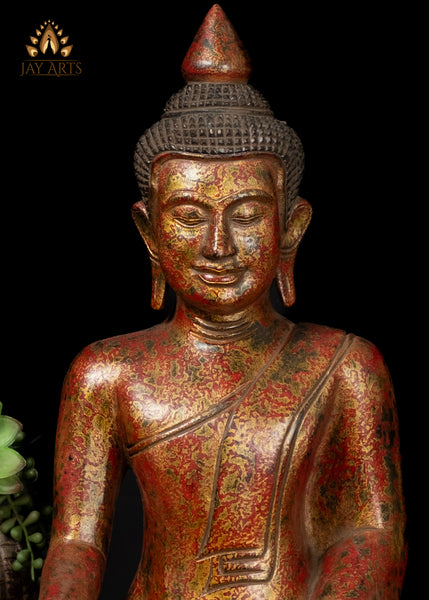 17" Khmer Wood Buddha Statue in Earth Touching Mudra - Red & Gold Finish