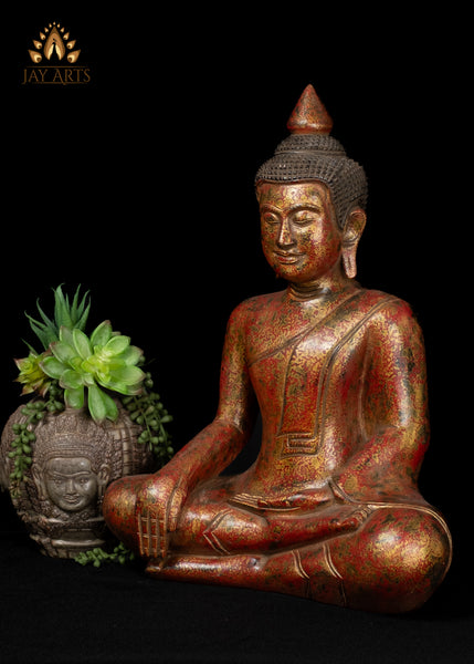 17" Khmer Wood Buddha Statue in Earth Touching Mudra - Red & Gold Finish