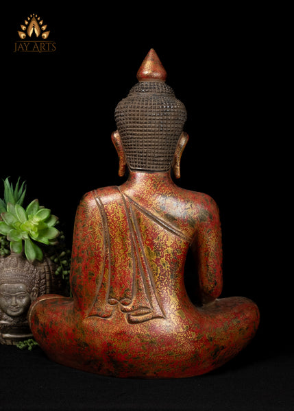 17" Khmer Wood Buddha Statue in Earth Touching Mudra - Red & Gold Finish