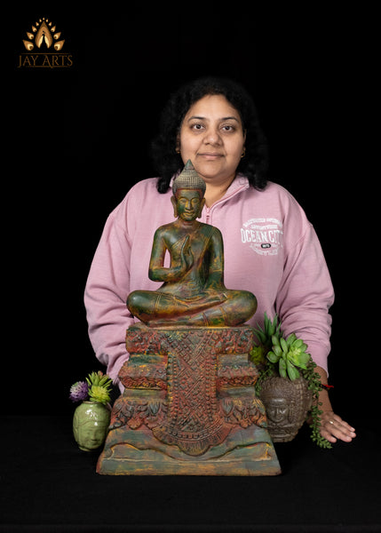 22" Hand-Carved Cambodian Wood Buddha in Vitarka Mudra Distinctive Patina and Exquisite Detailing