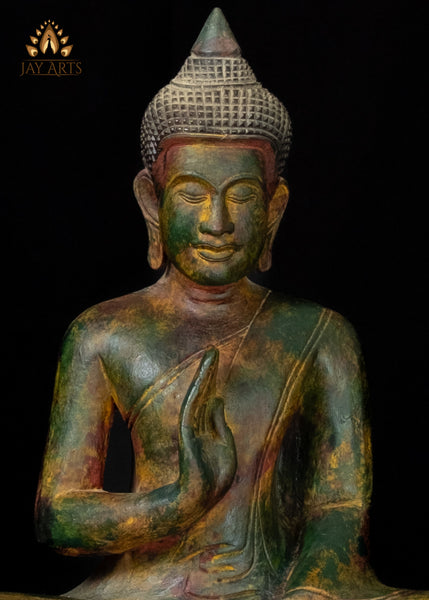 22" Hand-Carved Cambodian Wood Buddha in Vitarka Mudra Distinctive Patina and Exquisite Detailing