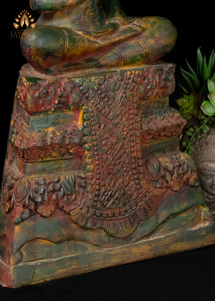 22" Hand-Carved Cambodian Wood Buddha in Vitarka Mudra Distinctive Patina and Exquisite Detailing