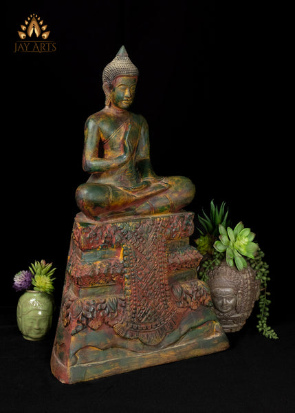 22" Hand-Carved Cambodian Wood Buddha in Vitarka Mudra Distinctive Patina and Exquisite Detailing