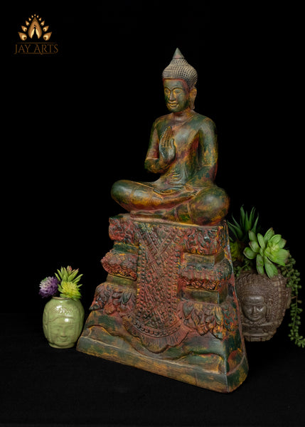 22" Hand-Carved Cambodian Wood Buddha in Vitarka Mudra Distinctive Patina and Exquisite Detailing