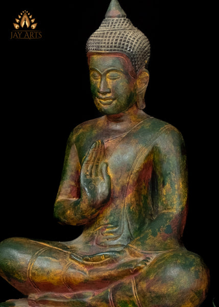22" Hand-Carved Cambodian Wood Buddha in Vitarka Mudra Distinctive Patina and Exquisite Detailing