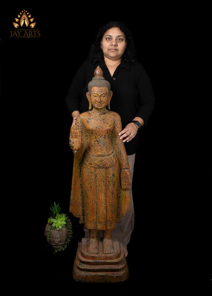 48" Hand-Carved Khmer Buddha in Abhaya & Varada Mudra Elegant Flowing Robe with Soft Mustard Speckled Finish