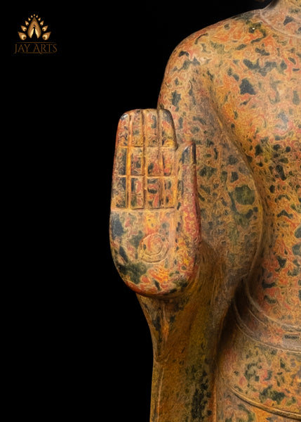 48" Hand-Carved Khmer Buddha in Abhaya & Varada Mudra Elegant Flowing Robe with Soft Mustard Speckled Finish