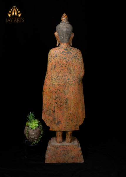 48" Hand-Carved Khmer Buddha in Abhaya & Varada Mudra Elegant Flowing Robe with Soft Mustard Speckled Finish