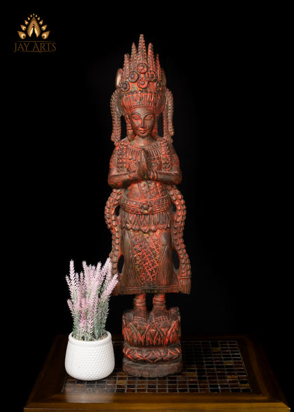 30" Cambodian Namaste Apsara Wood Statue - A Stance of Grace and Elegance