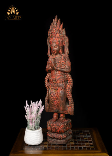 30" Cambodian Namaste Apsara Wood Statue - A Stance of Grace and Elegance