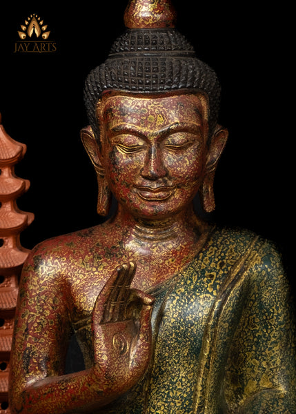 17" Hand-Carved Wood Buddha in Vitarka Mudra Seated in Half Lotus Pose from Cambodia