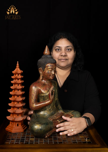 17" Hand-Carved Wood Buddha in Vitarka Mudra Seated in Half Lotus Pose from Cambodia
