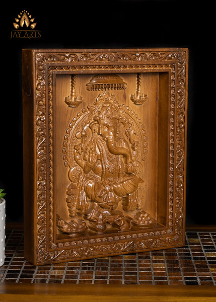 Lord Ganesha wood carving - Oak wood panel 13" x 11"