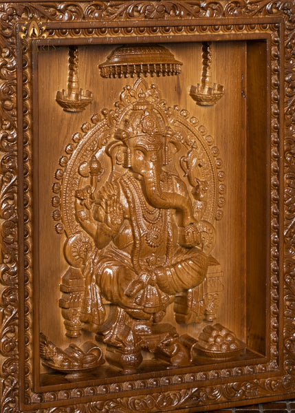 Lord Ganesha wood carving - Oak wood panel 13" x 11"