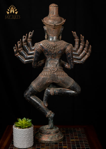 28" Dancing Shiva with 10 Arms in Vitarka Mudra - Antique Bayon Style Bronze Shiva from Cambodia