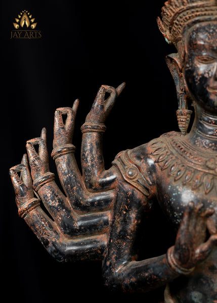 28" Dancing Shiva with 10 Arms in Vitarka Mudra - Antique Bayon Style Bronze Shiva from Cambodia