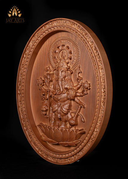 Shuba Drishti Ganapathi 20"H x 14"W - Kan Drishti Pillayar Wood Carving - Oval Wall Panel