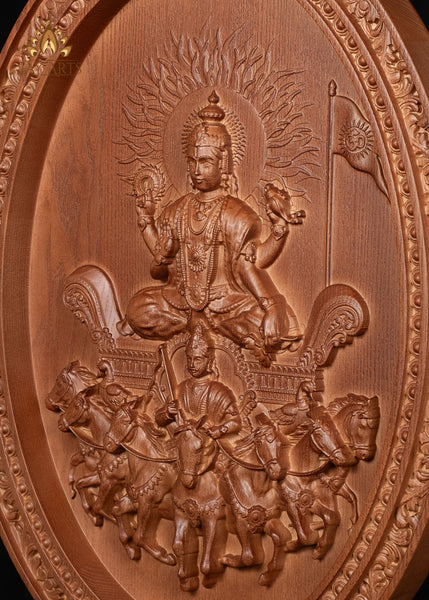 The Sun God (Surya) with his Seven Horses Wood Carving 20"H x 15"W - Lord Surya Oval Wall Panel