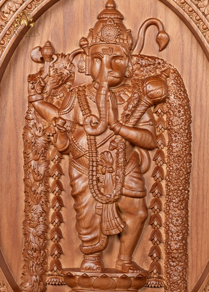 Adhyantha Prabhu (Half Ganesh Half Hanuman) Wood Carving 20"H x 14"W - Oval Wall Panel