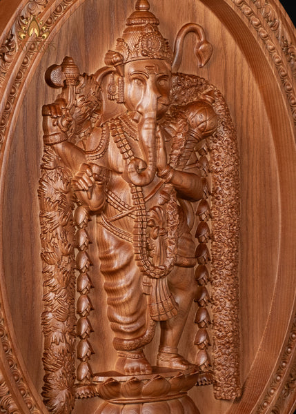 Adhyantha Prabhu (Half Ganesh Half Hanuman) Wood Carving 20"H x 14"W - Oval Wall Panel