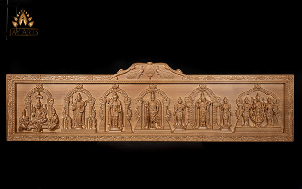 Arupadaiveedu Wood Carving 16"H x 57"W - The Grand Panel of the Six Abodes of Lord Murugan