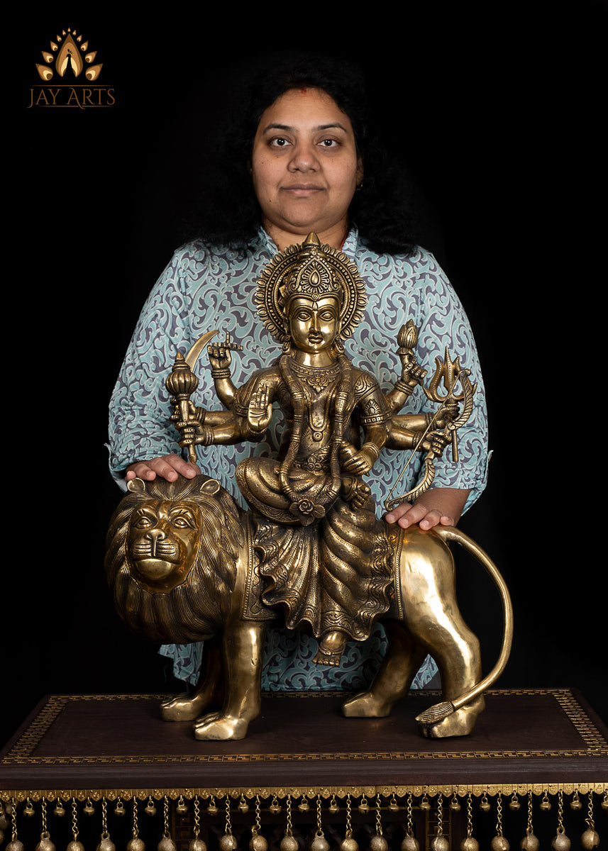 24” Goddess Durga devi seated on a Lion (Simhavahini) - Brass Durga St ...