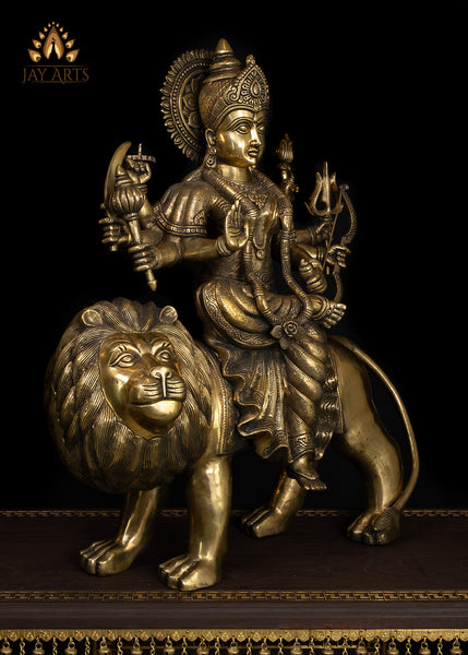 24” Goddess Durga devi seated on a Lion (Simhavahini) - Brass Durga Statue