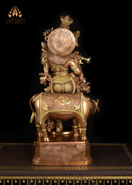 28” Lord Venugopala with a Cow - A Resplendent Statue of Lord Krishna