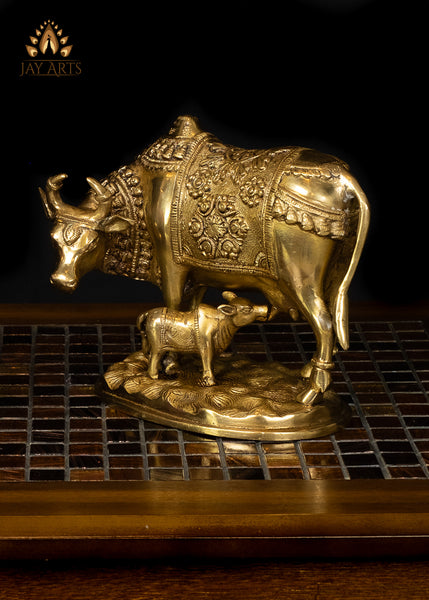 7" Cow and a Calf Brass Statue