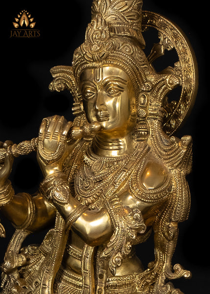 25" Highly Ornamented Ananta Krishna Standing on a Lotus Pedestal - Brass Krishna Statue