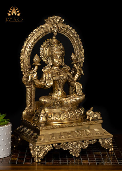 17” Goddess Mahalakshmi seated on a Kirtimukha Throne - Brass Lakshmi Statue